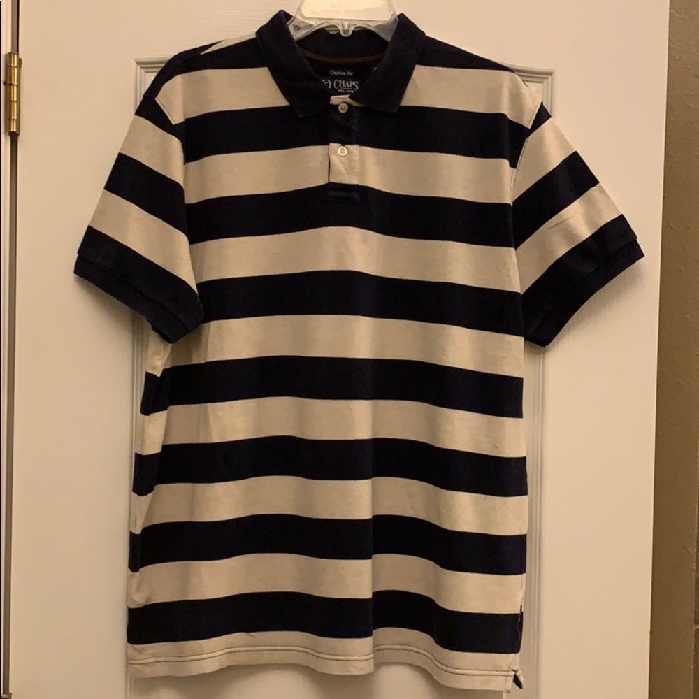 CHAPS Navy & Beige Striped Polo Shirt, Size Large